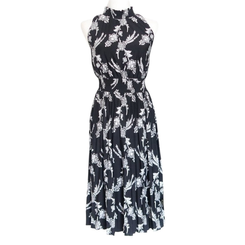 Ann‎ Taylor Petite Black & Ivory Floral Smocked Waist Midi Dress XSP